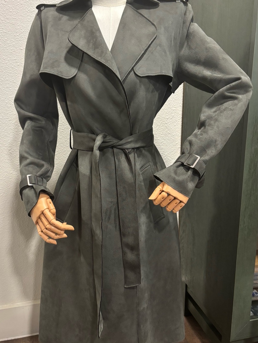 Antonio Melani long faux suede trench coat. Grey-greenish